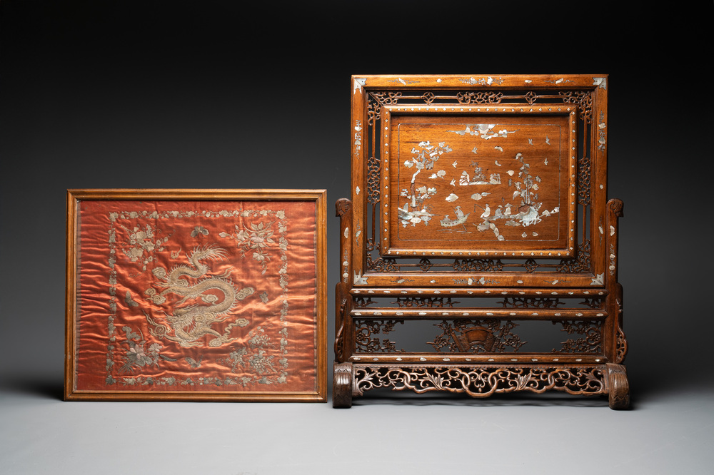 A Vietnamese mother-of-pearl-inlaid wooden 'fishermen' table screen and an embroidered silk 'dragon' panel, 19th C.
