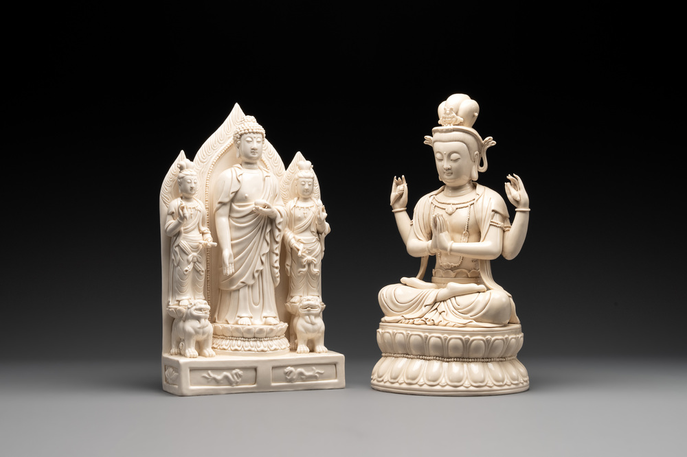 Two Chinese Dehua blanc de Chine sculptures of a Buddha and a Boddhisatva, He Chaozong 何朝宗 and Dehua 德化 marks, 20th C.