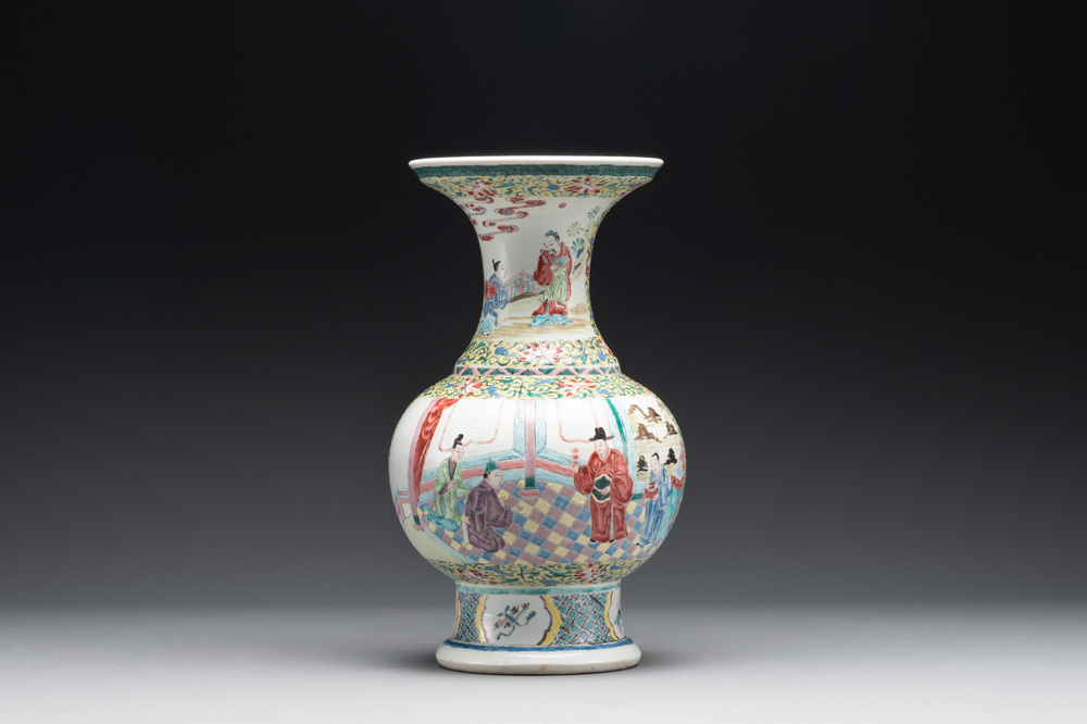 A Chinese famille rose yellow-ground vase with narrative design, Yongzheng
