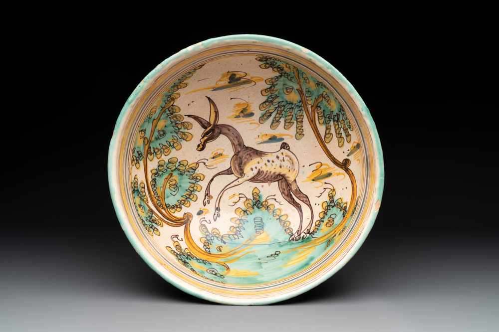 A large polychrome Talavera pottery 'leaping gazelle' bowl, Spain, 18th C.