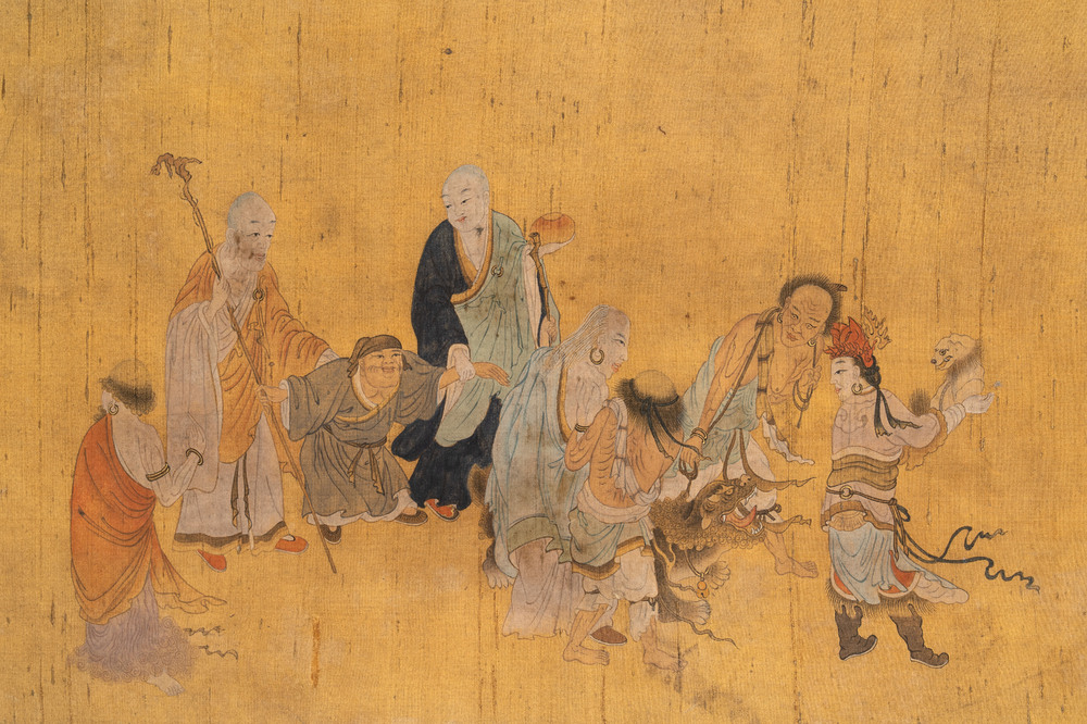 Chinese school: 'Immortals and monks', ink and colour on silk, Qing or later
