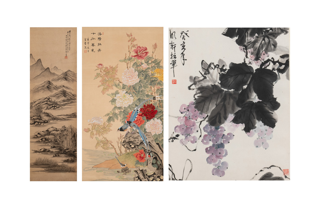 Yi Ting 彝庭, Gong Yin 宮音 and Zhang Mingxuan 張明軒 : 'Mountainous landscape', 'Peonies' and 'Grapes', ink and colour on paper and silk, 20th C.