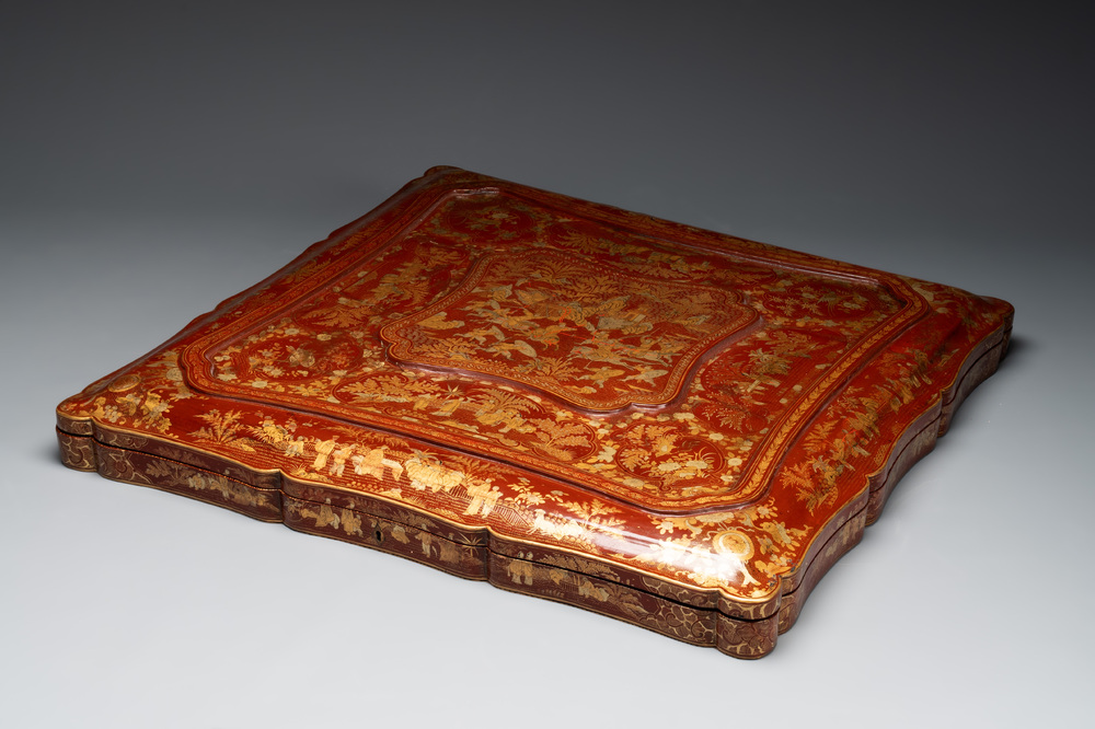A large Chinese Canton gilt-lacquered garment box with landscape and figural design, 19th