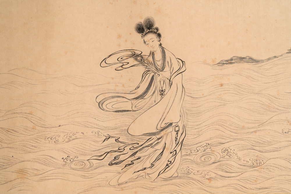 In the manner of Miao Jiahui 繆嘉慧 (1842-1918) and Liang Qichao 梁啟超 (1873-1929): 'Fairy and calligraphy', ink on silk, 19/20th C.