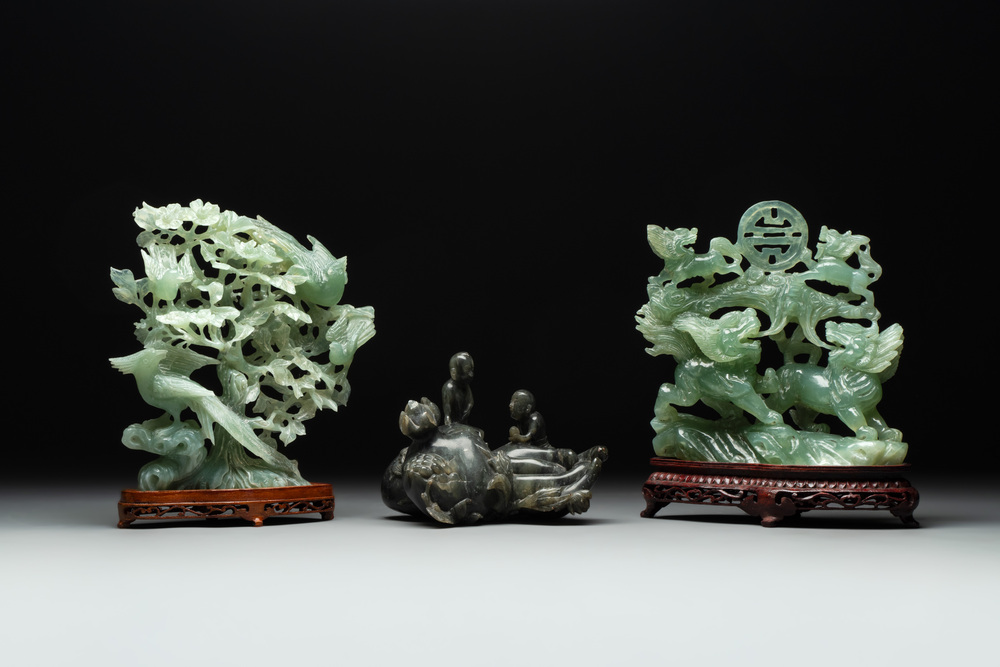 Three Chinese jade carvings, 20th C.