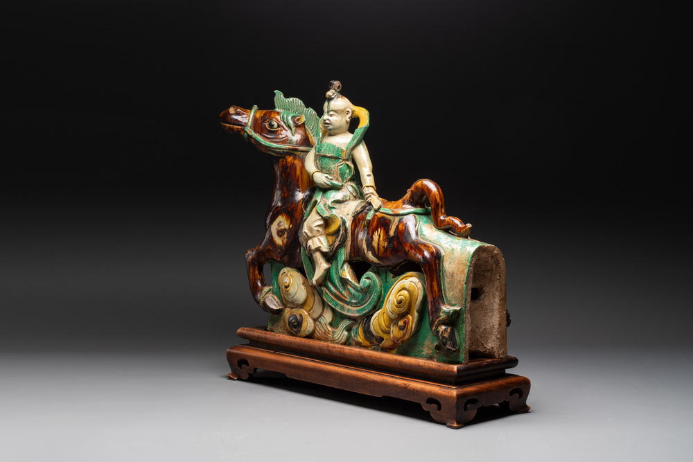 A massive Chinese sancai-glazed roof tile in shape of a horse rider, Ming