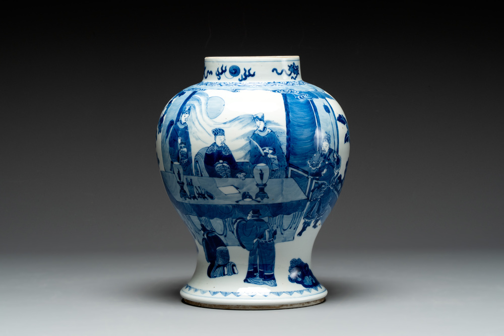 A Chinese blue and white vase with narrative design, 19th C.
