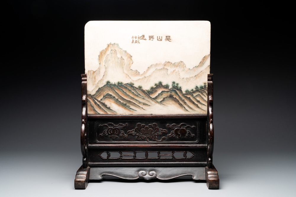 A Chinese wooden table screen with a rectangular dream stone, 20th C.