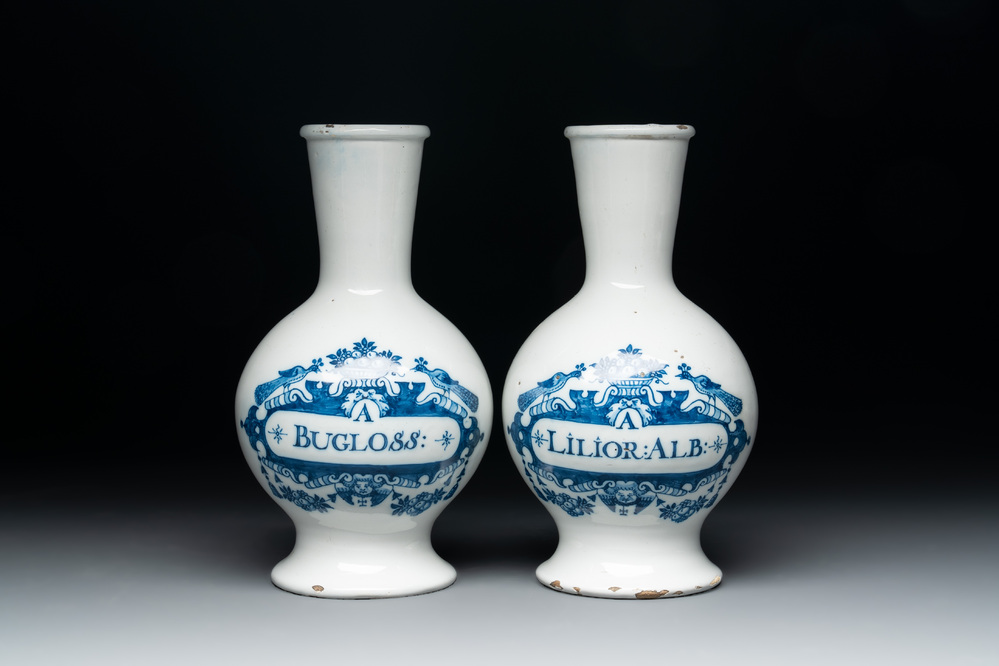 A fine pair of blue and white Dutch Delft pharmacy bottles, 18th C.