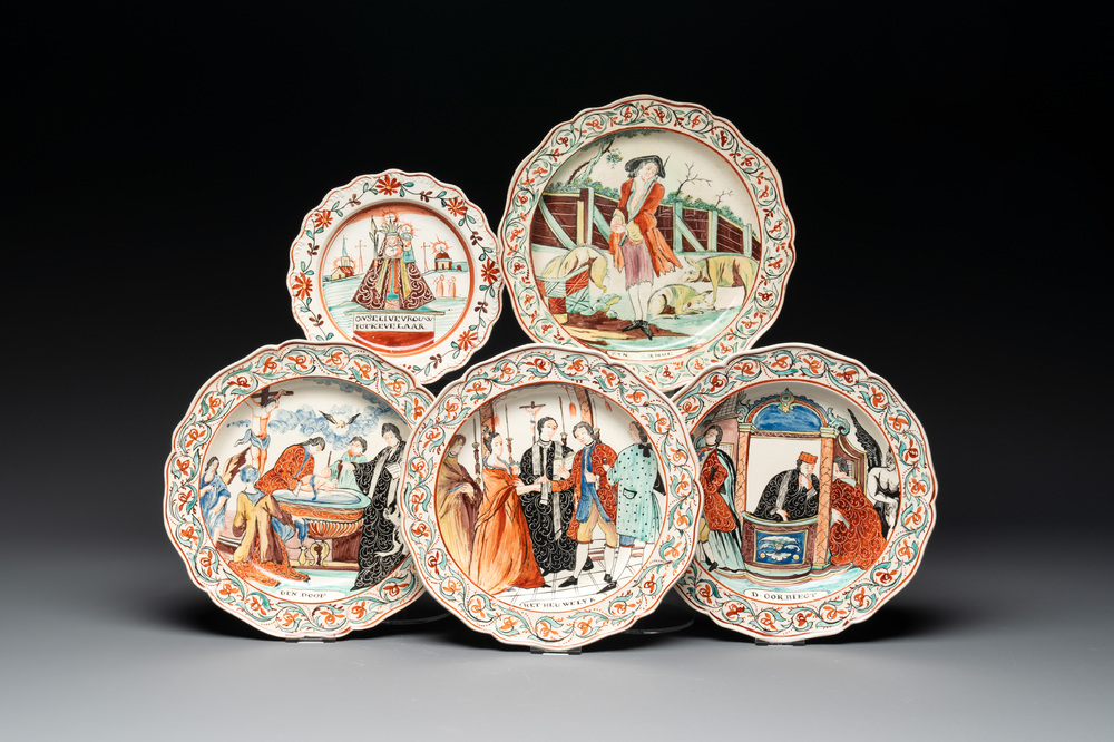 Five Dutch-decorated English 'religious subject' creamware plates, 18th C.