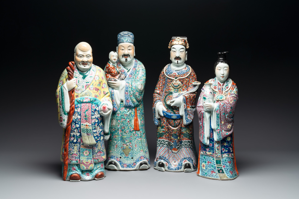 Three Chinese famille rose figures of the star gods and a figure of a lady, 19/20th C.