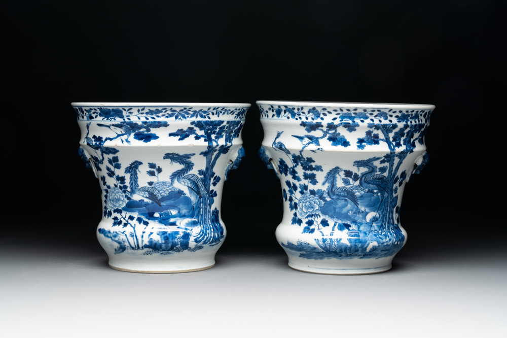 A pair of Chinese blue and white 'birds among flowering branches' jardini&egrave;res, 19th C.