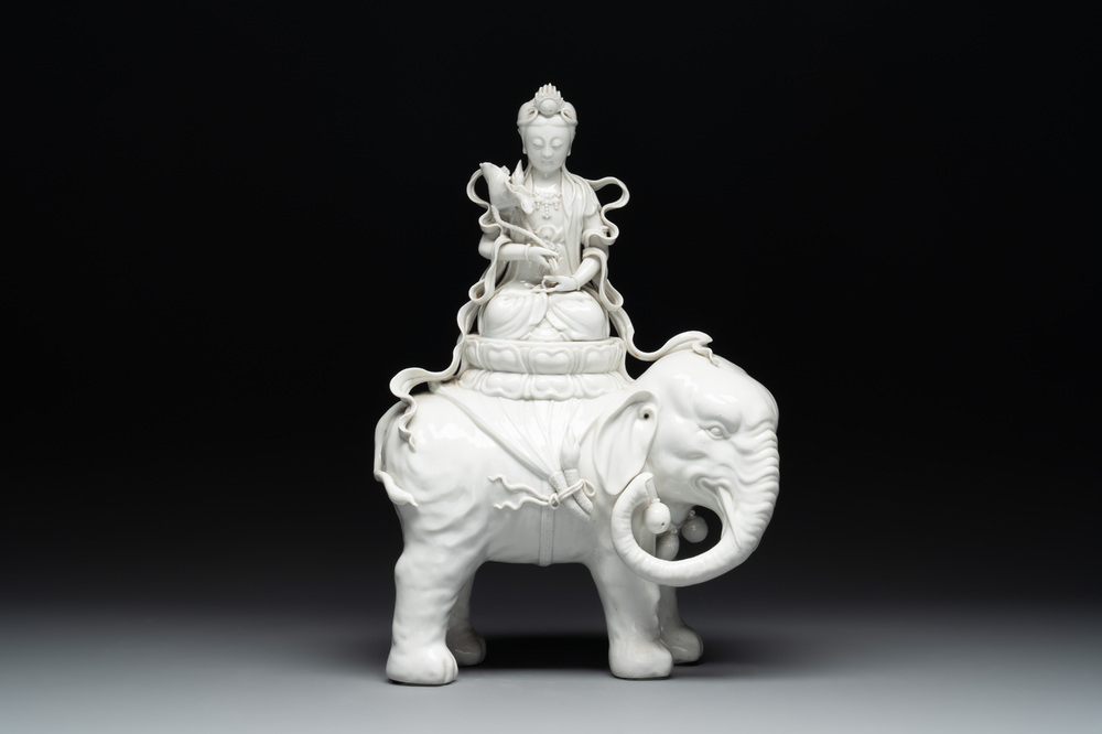 A Chinese Dehua blanc de Chine Samantabhadra seated on an elephant, Republic
