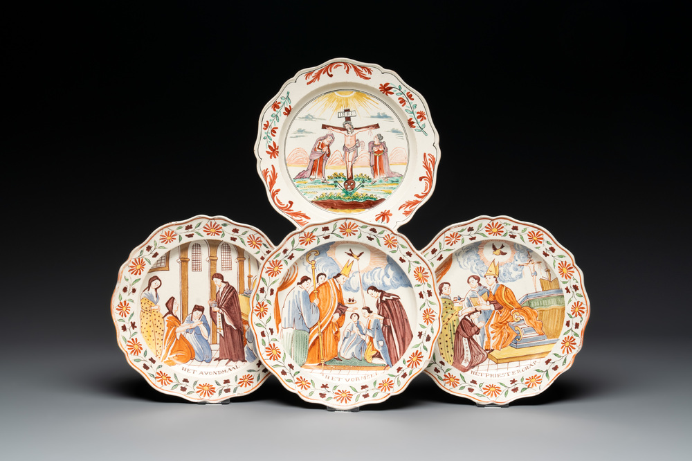 Four Dutch-decorated English 'religious subject' creamware plates, 18th C.