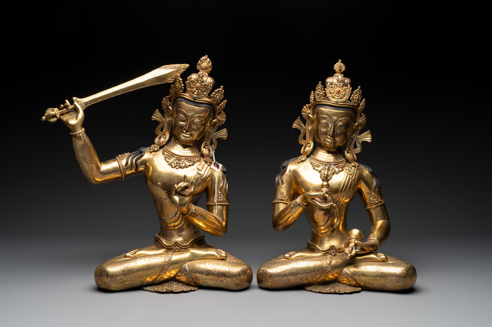 Two large gilt bronze figures of a Tara and Manjusri, Nepal, 20th C.