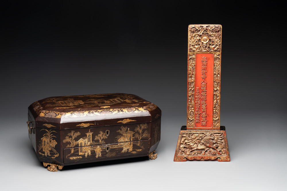 A Chinese Canton gilt-lacquered casket and an ancestral tablet of paiwei 牌位, 19th C.