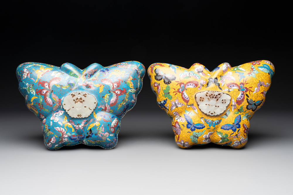 A pair of Chinese cloisonn&eacute; butterfly-form boxes and covers with jade plaques, 20th C.
