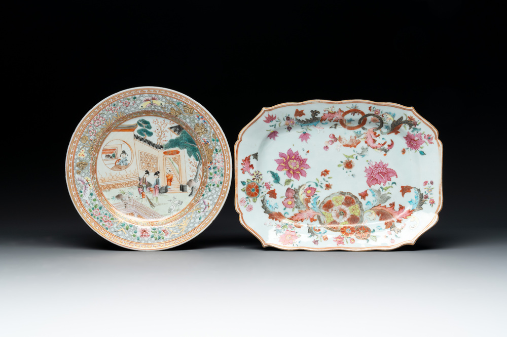A Chinese famille rose plate with figural design and a dish with floral design, Yongzheng/Qianlong