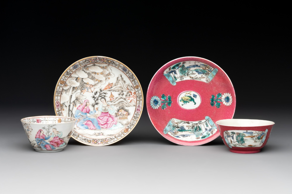 A Chinese famille rose 'erotic' cup and saucer and a ruby-ground 'landscape' cup and saucer, 18th C.
