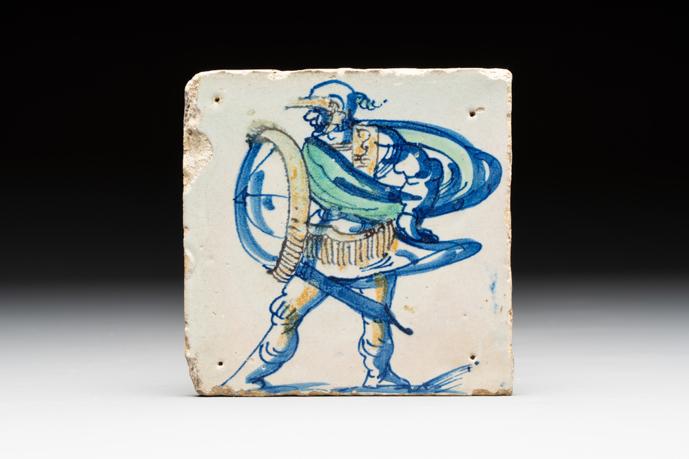 A polychrome Dutch Delft 'Roman soldier' tile, ca. 1600