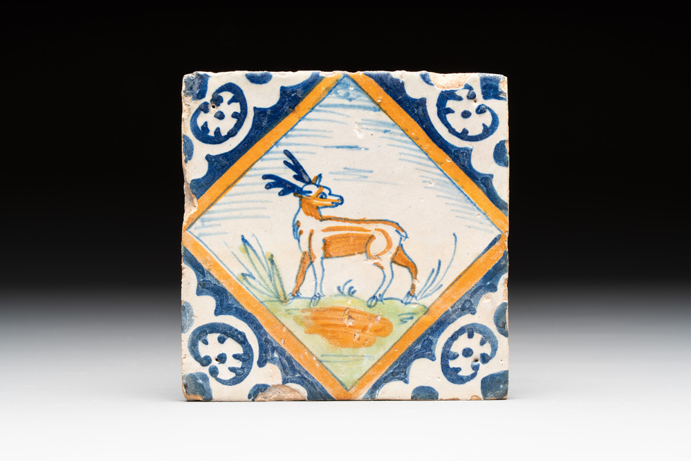 A polychrome Dutch Delft maiolica 'stag' diamond tile, late 16th C.