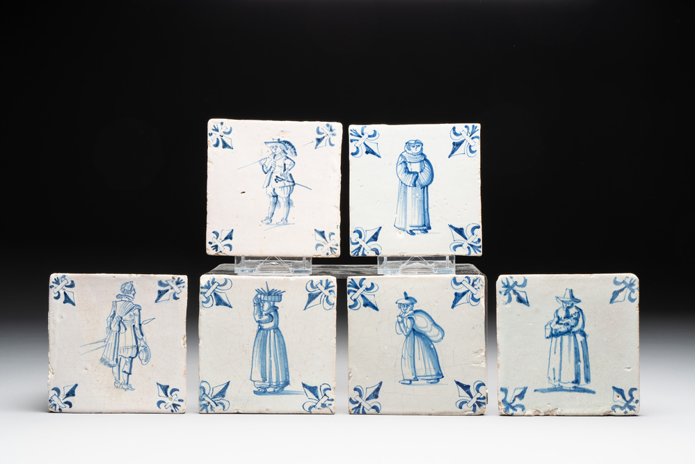 Six blue and white Dutch Delft 'figure' tiles, 17th C.