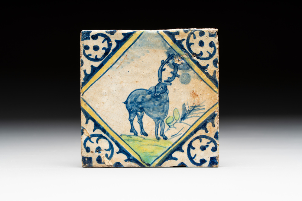 A polychrome Dutch Delft maiolica 'stag' tile, late 16th C.