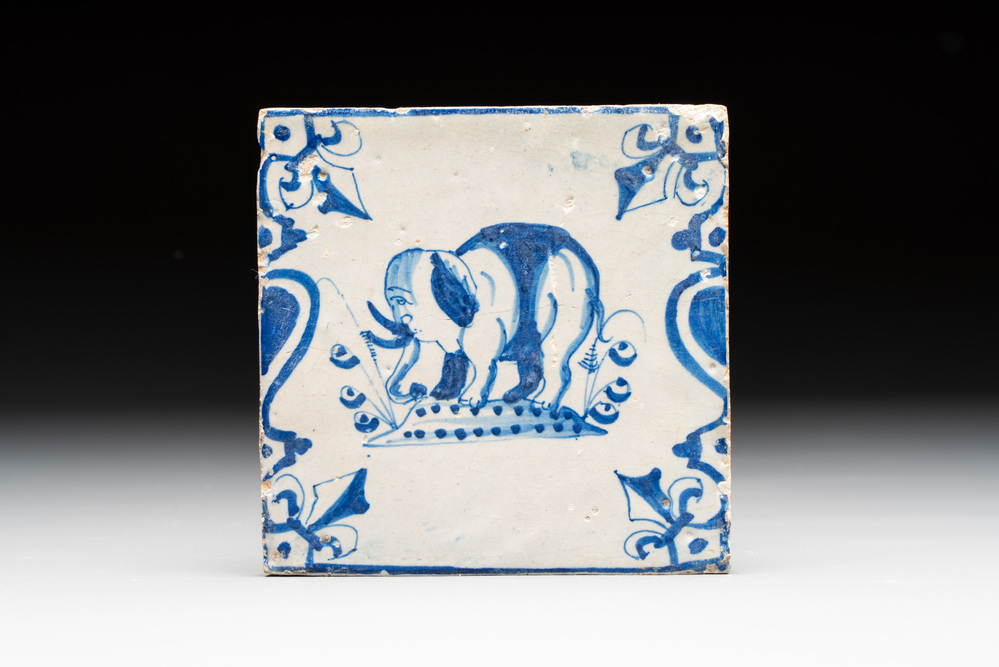 A blue and white Dutch Delft 'elephant' 'candelabra' tile, 17th C.