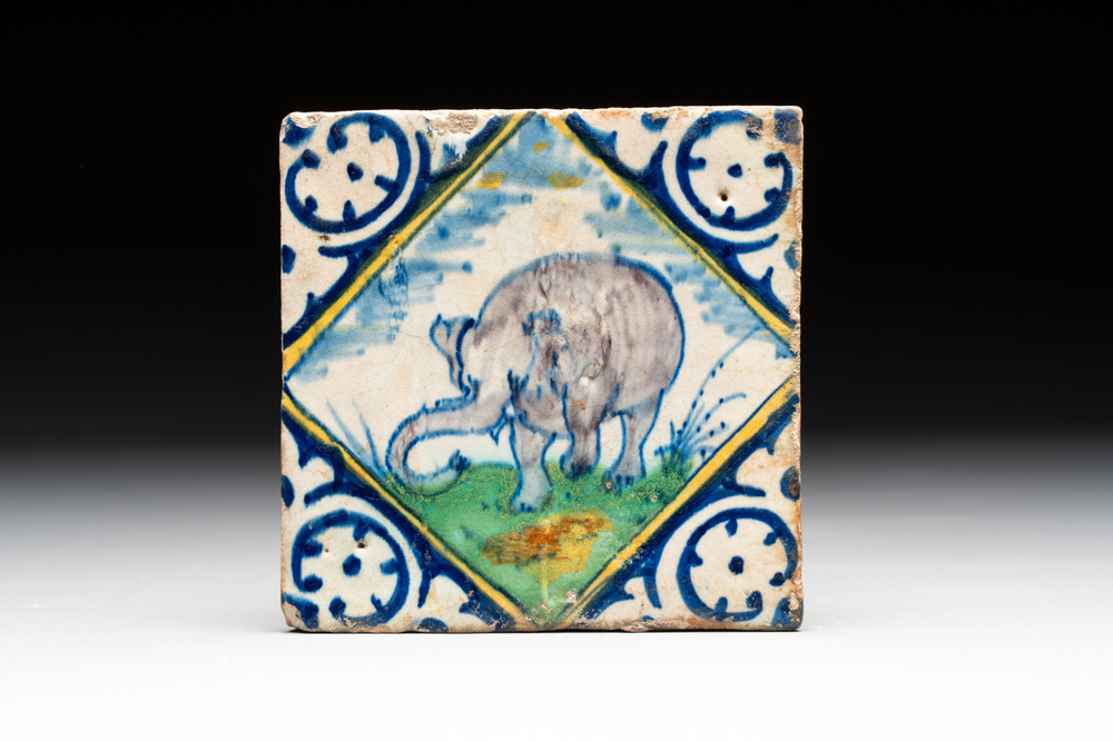 A polychrome Dutch Delft maiolica 'elephant' diamond tile, late 16th C.