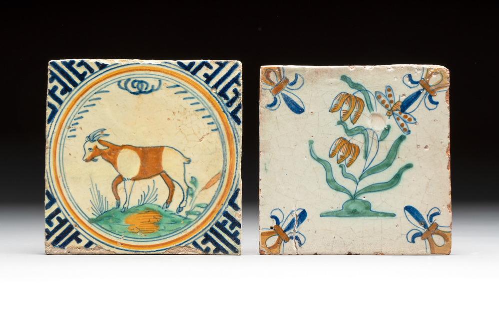 A polychrome Rotterdam 'goat' tile and a Dutch Delft 'flower and insect' tile, 17th C.