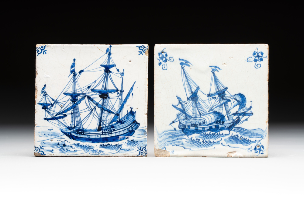 Two blue and white Dutch Delft 'ships' tiles, Harlingen, 17th C.