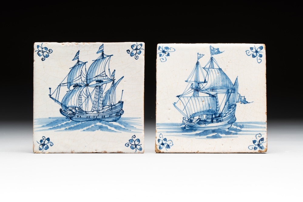 Two blue and white Dutch Delft 'three-master' tiles, 17th C.