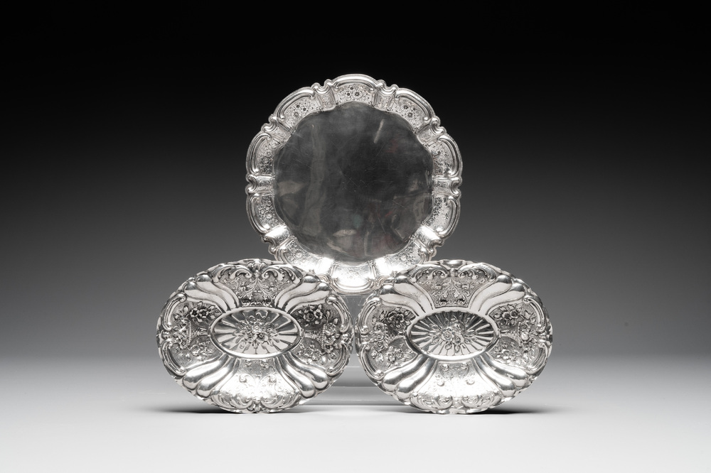 Three silver dishes with floral design, probably Germany, 19/20th C.