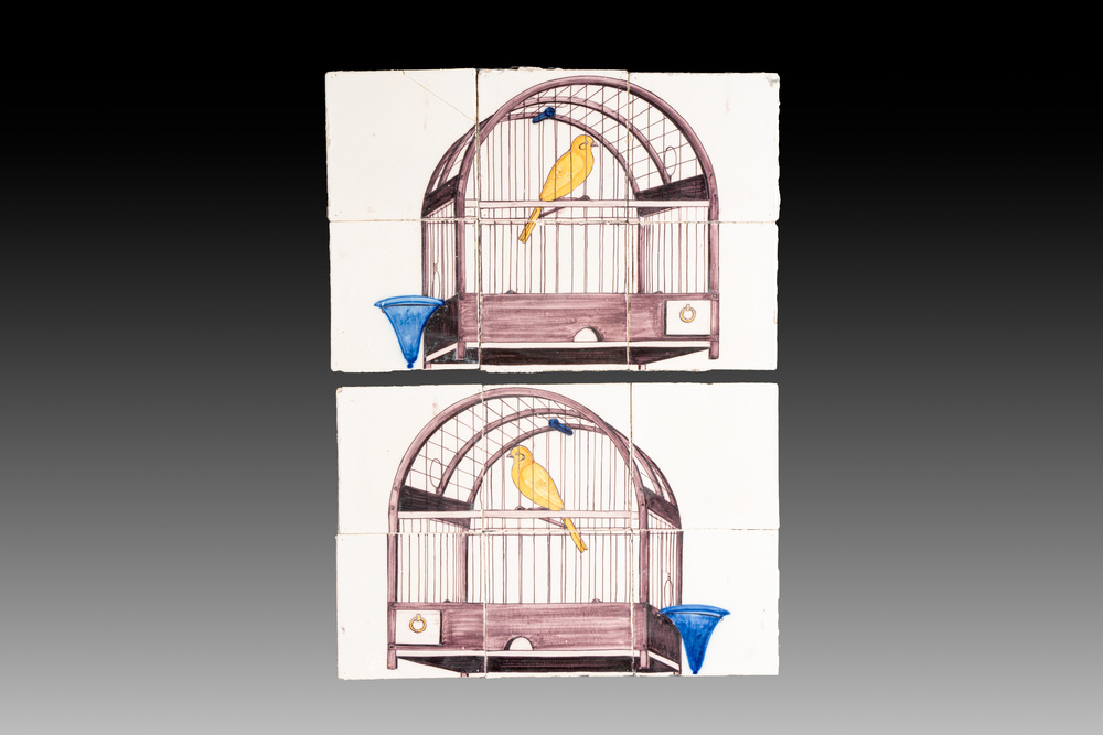 A pair of polychrome Dutch Delft 'birdcage' tile murals, 18th C.