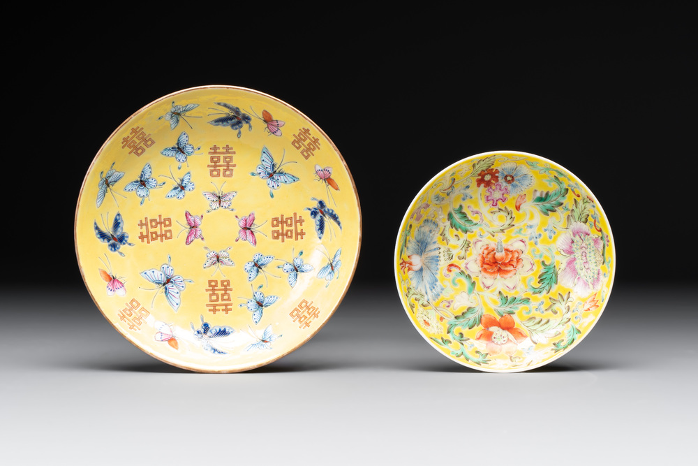 A Chinese famille rose yellow-ground 'butterfly' plate and a saucer with floral design, Guangxu mark, 19/20th C.