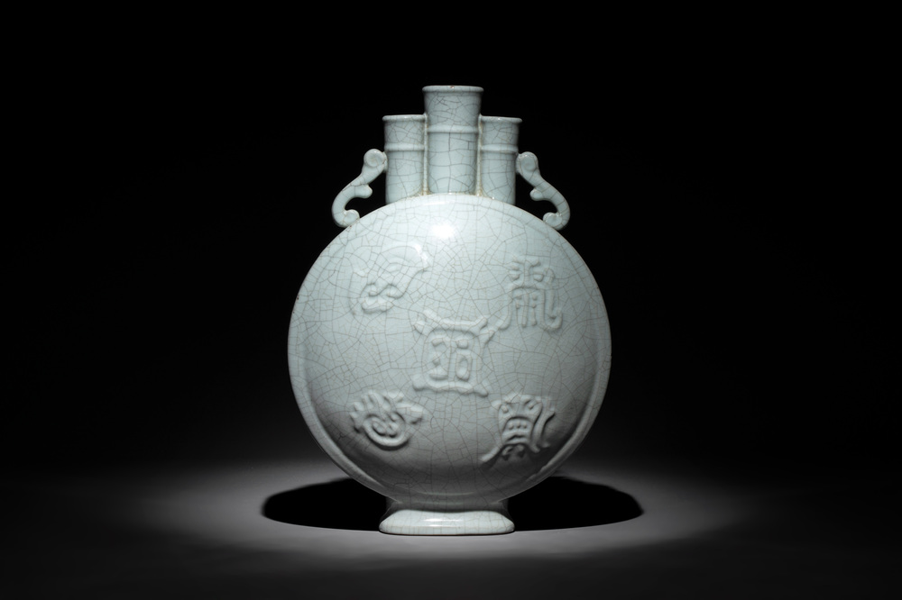 A Chinese ge-type triple-neck moonflask vase with Daoist emblems, 'bianhu', Yongzheng mark and possibly of the period