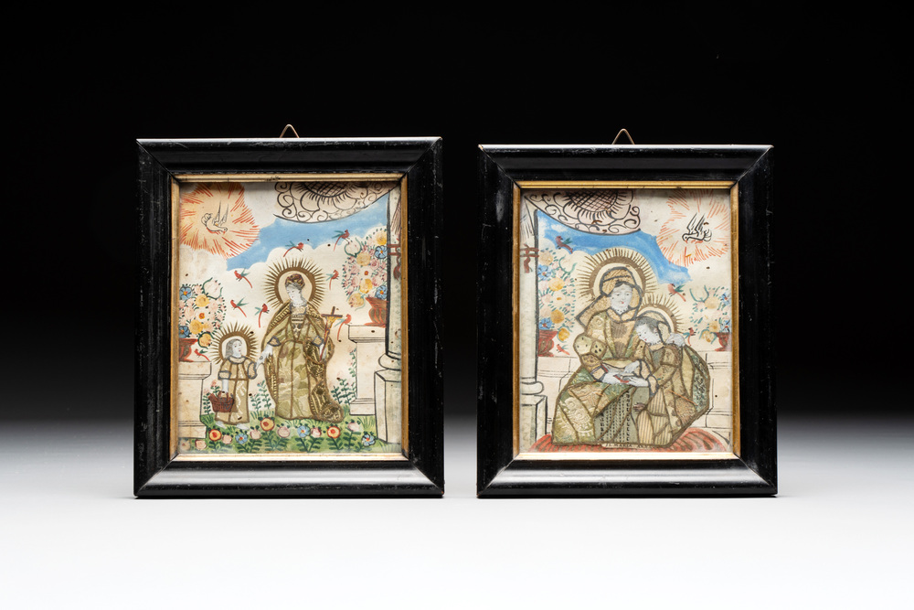 Two devotional collages with St. Anne and the Virgin Mary, aquarel and textile on paper, probably Antwerp, 18th C.