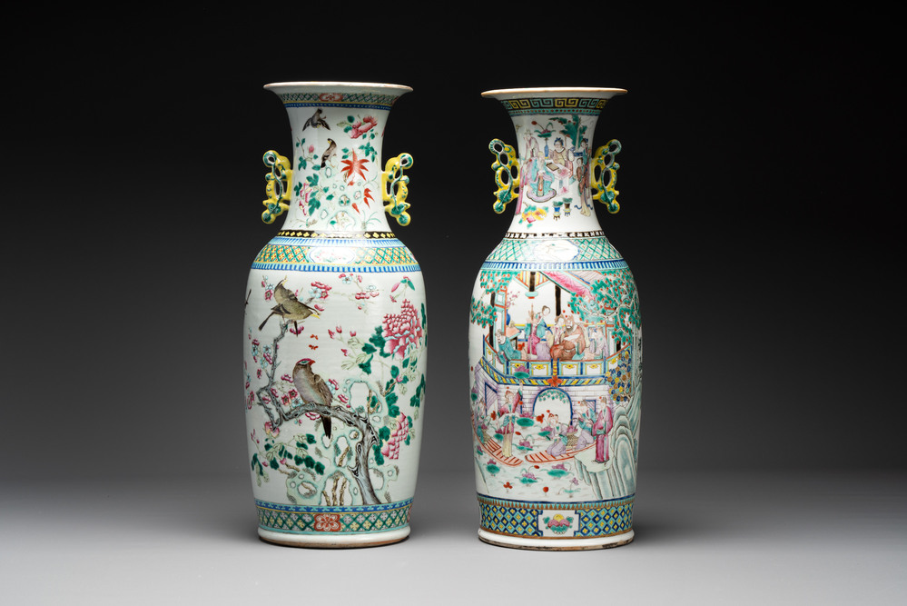 Two Chinese famille rose vases with birds among flowers and narrative design, 19th C.