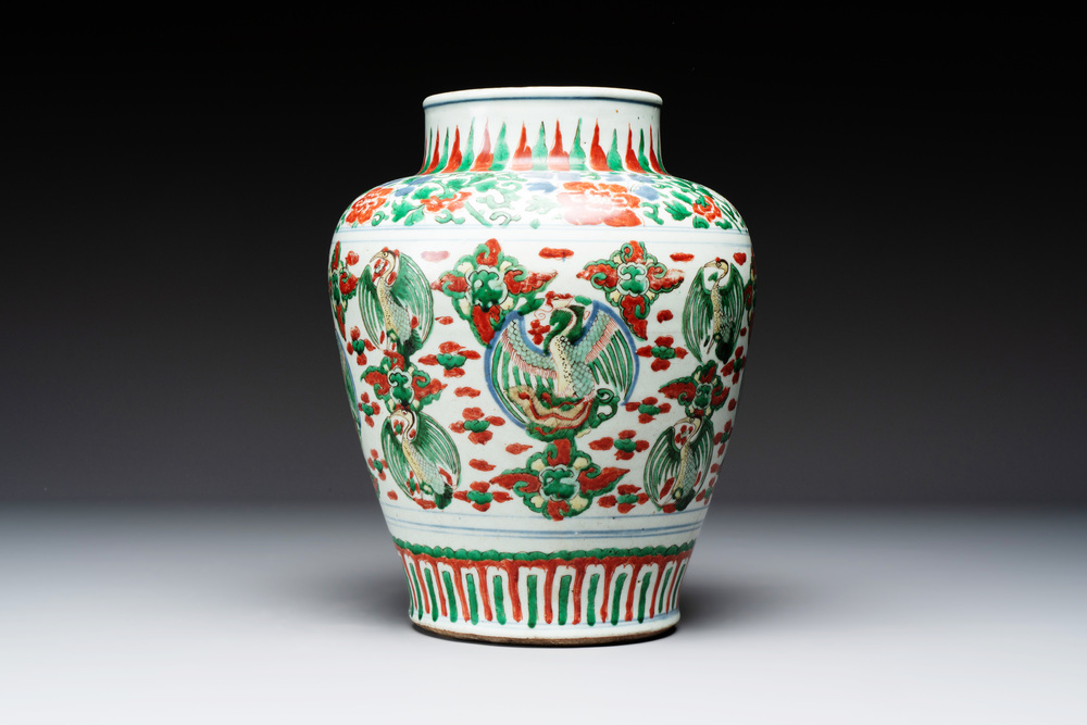 A Chinese wucai 'phoenix' vase, Transitional period