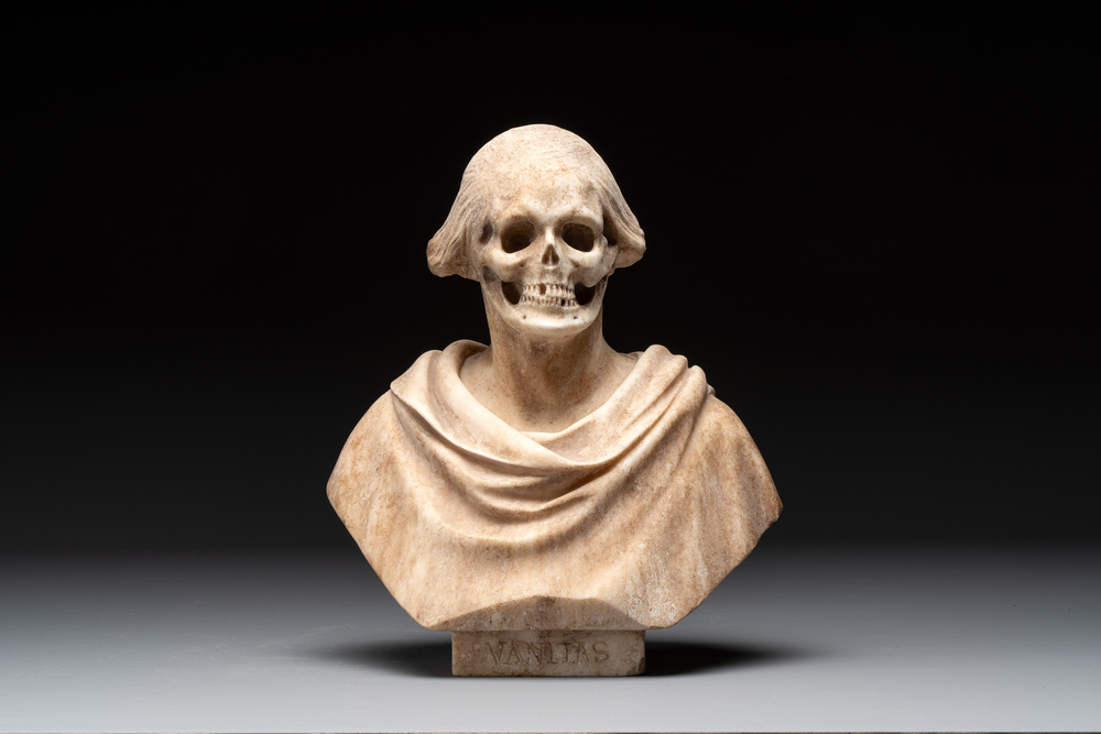 A carved marble 'Vanitas' or 'Memento Mori' bust, Italy, 18th C.