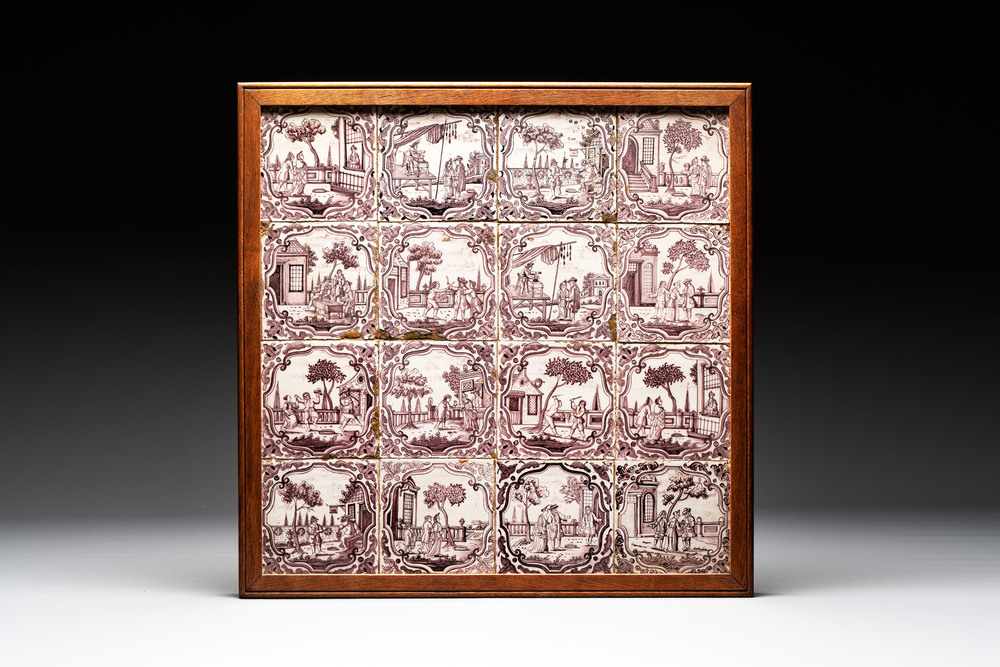A field of 16 manganese Dutch Delft tiles, Rotterdam, 18th C.