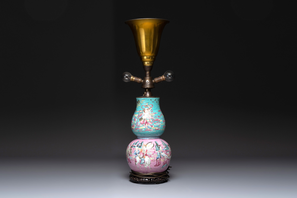A Chinese famille rose double gourd 'Eight Immortals' vase mounted as a lamp, 19th C.