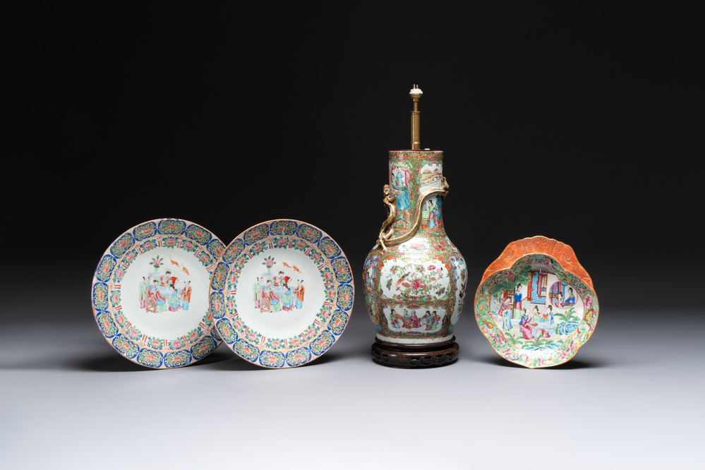 A pair of Chinese Canton famille rose plates, a vase and a shell-form dish, 19th C.