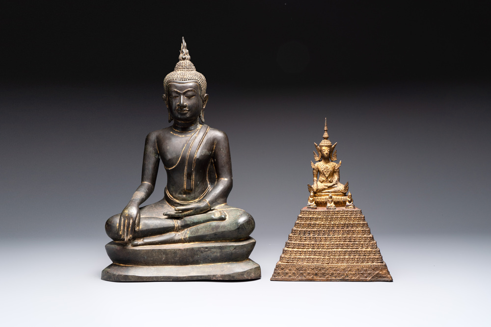 A Thai bronze Buddha in bhumisparsha mudra and a gilt-and-red-lacquered bronze Buddha on a high pedestal with devotees, 18/19th C.