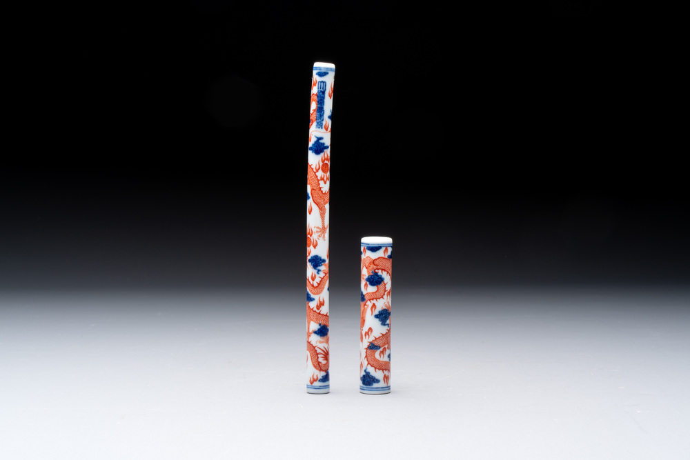 A rare and fine Chinese iron-red, blue and white 'dragon' brush handle and cover, Jiaqing mark and of the period