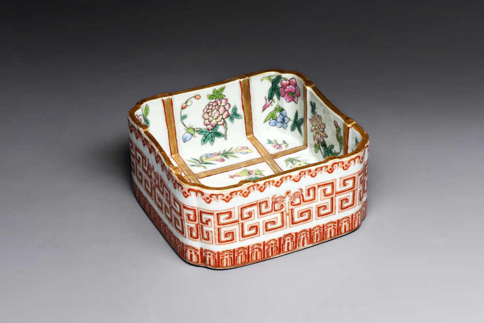 A Chinese famille rose square bowl with floral design, Daoguang mark and of the period