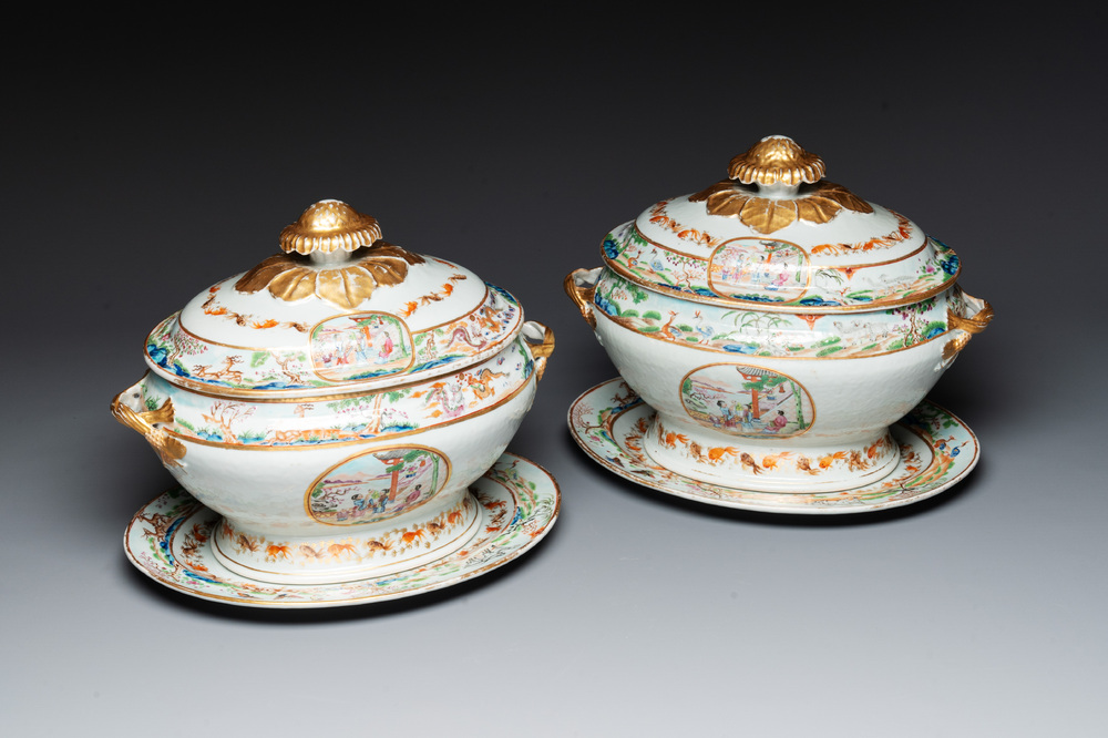 A pair of large Chinese Canton famille rose 'mandarin subject' tureens on stands, 19th C.
