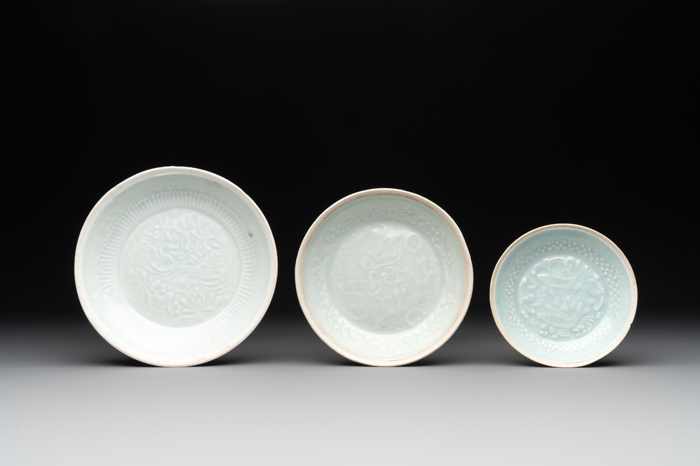 Three Chinese moulded qingbai plates, Song