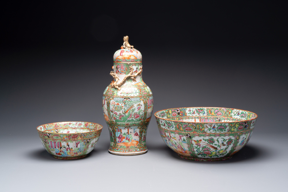 A Chinese Canton famille rose covered vase and two bowls, 19th C.