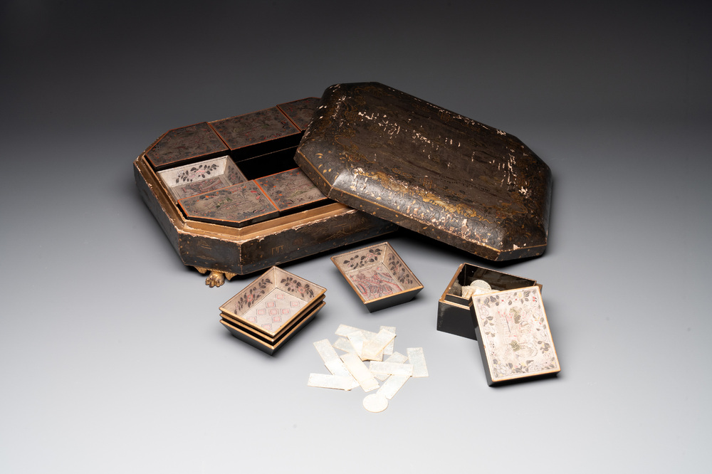 A Chinese Canton gilt-lacquered box and cover, including mother-of-pearl accessories, 19th C.